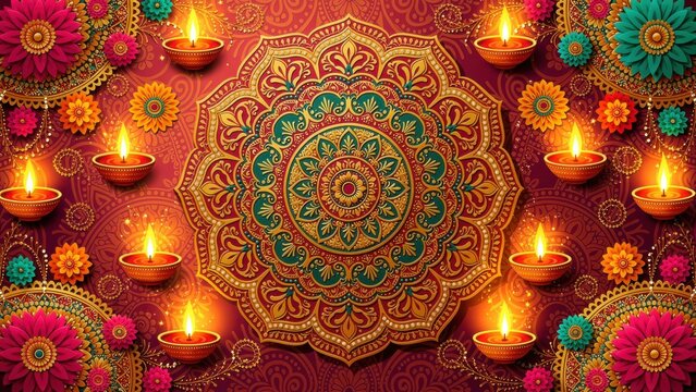 Vibrant Diwali Festival Mandala with Oil Lamps
