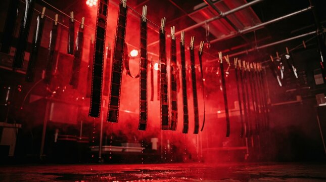 Film negatives drying in darkroom with red lighting, hanging on clothes pegs, wet floor reflecting light