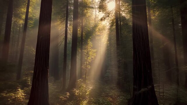 Bright golden light beams illuminate a dark coniferous forest. Fog creates a mystical atmosphere among vertical tree trunks. Ideal for nature documentaries, mindfulness videos