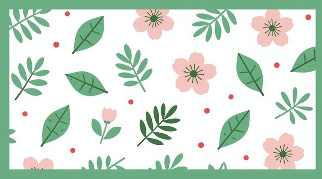 Green border frames simple pattern of pink flowers, green leaves and red dots. Spring nature design repeats for background texture or greeting card.