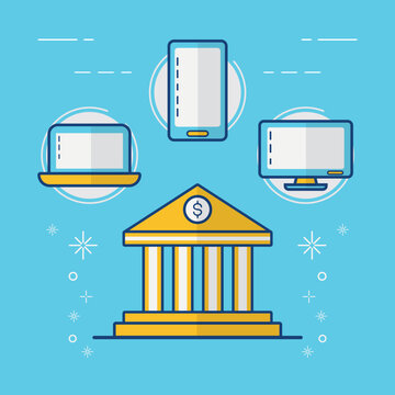 Flat design illustration of mobile banking services with credit card reader terminal machine and financial building vector