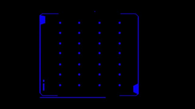 Square frame outlined in brilliant blue encloses a uniform grid of circular points set against a solid black backdrop for use in advanced computing interface layouts and digital design mockups here.