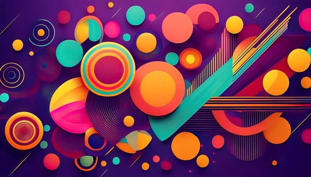 abstract design with colorful circles and geometric shapes on a purple background for creative projects and digital art applications