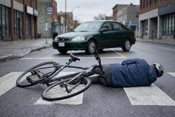 Bicyclist lying injured on a crosswalk after a car accident