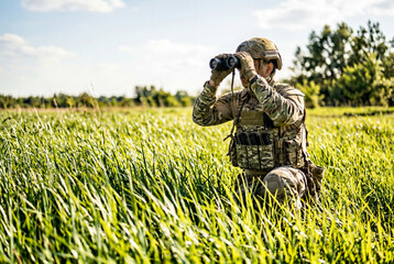 Obraz premium Armed soldier in full camouflage gear using binoculars while kneeling in a tall green grassy field