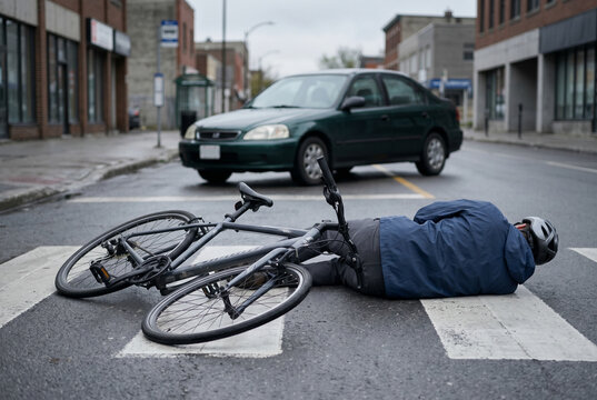 Bicyclist lying injured on a crosswalk after a car accident