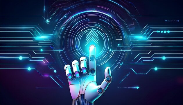 robotic hand interface optimization performing digital touch input with futuristic holographic arrow and virtual ui for advanced automation and data processing concepts