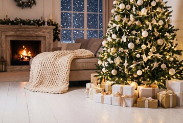 Naklejka premium Christmas Tree With Gold And White Ornaments In Living Room