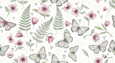 Seamless pattern with handdrawn butterflies, pink flowers, and green fern leaves © Manimegalaig
