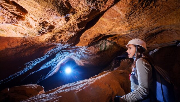 speleologist explores large cave illuminated by headlamp and lights