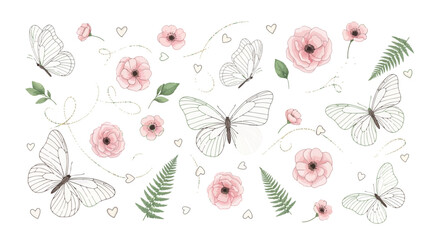 Set of handdrawn butterflies, pink flowers, fern leaves and small hearts © Manimegalaig