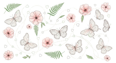 Seamless pattern with butterflies, flowers and fern leaves hand drawn floral illustration in soft pastel colors © Manimegalaig