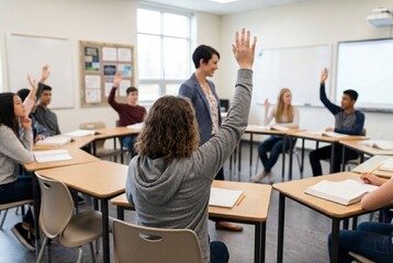 Fototapeta premium Students Raising Hands in Classroom During Lesson