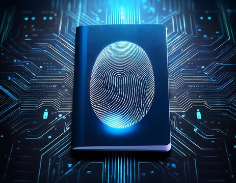 unveiling digital identities a passport and fingerprint under scrutiny glowing with futuristic technology and dark hues