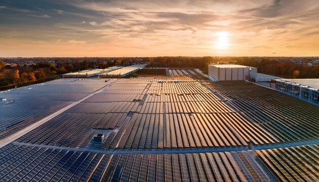 aerial view of solar panel facility and data center