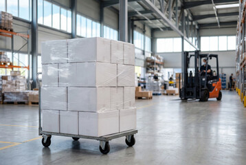 Naklejka premium Pallet of wrapped white boxes in warehouse with forklift