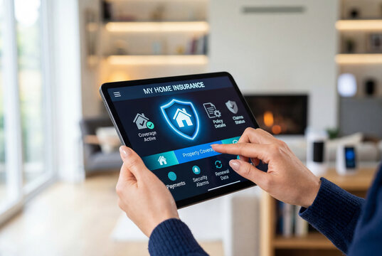 Hands using tablet with home insurance application interface in cozy living room