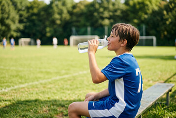 Young boy in blue soccer jersey drinking water from clear bottle while resting on sports bench © Meow Creations