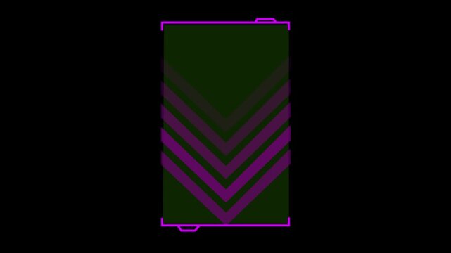 Chevron pattern composed of multiple purple arrows points downward within a vertically oriented rectangular frame to signify a navigation direction or a structured graphical user interface design.
