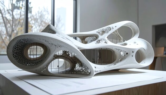 Futuristic architectural model on table indoors.
