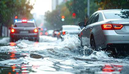 Fototapeta na wymiar Flash Flood on City Street: Cars navigate through a submerged city street during a torrential downpour, with water splashing high around their tires and emergency lights flashing in the distance.