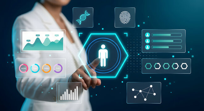 Businesswoman touching holographic digital human identity icon with biometric fingerprint DNA data, HR analytics dashboard and people performance metrics for digital ID verification concept