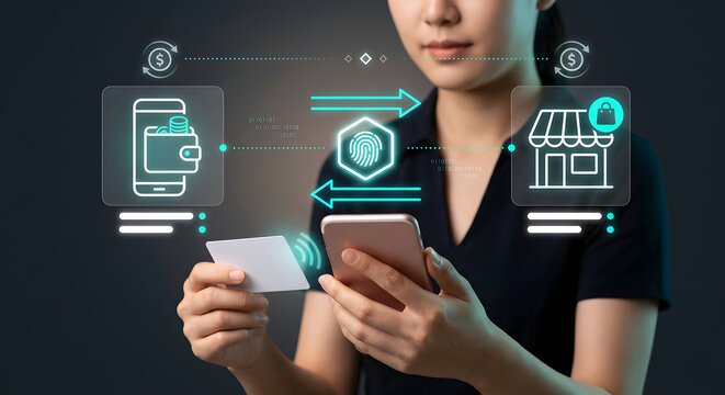 Woman using smartphone and credit card for secure mobile payment with holographic digital wallet, fingerprint biometric authentication and online store transaction for fintech concept