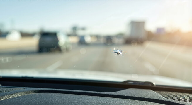 Star shaped crack on a car windshield with highway traffic in the background. Stone chip on vehicle glass during driving. Windshield repair and safety concept