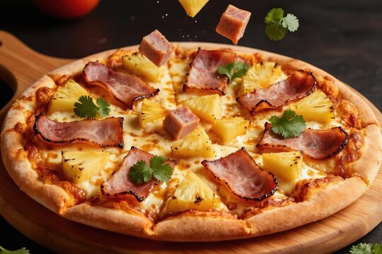 Hawaiian pizza with pineapple chunks and bacon slices, topped with fresh cilantro leaves. Delicious baked pie with melted cheese. Food preparation concept for pizzeria menu.