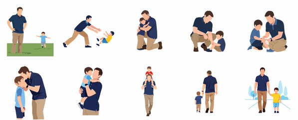 Fototapeta premium Collection of father and son vector illustrations depicting various parenting and bonding activities