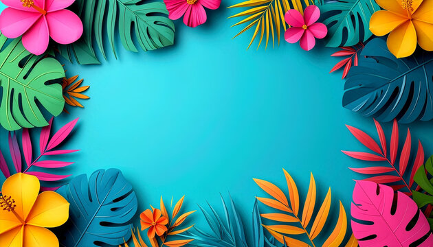 Tropical Summer Background with Paper Cut Style Monstera Leaves and Hibiscus Flowers