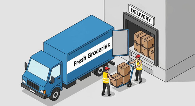Grocery delivery truck unloading fresh produce.