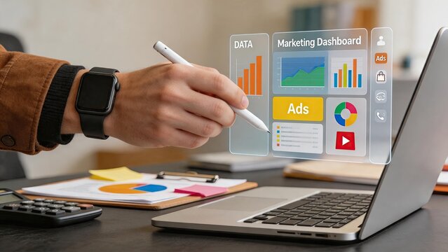 Hand holding stylus analyzing marketing dashboard data on futuristic screen, digital business analytics and advertising performance metrics visualization concept
