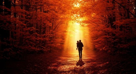Fototapeta premium Golden sunlight filters through vibrant orange foliage on a trail where a tall silhouette carries a smaller one through the autumn woods, path, foliage, sunlight