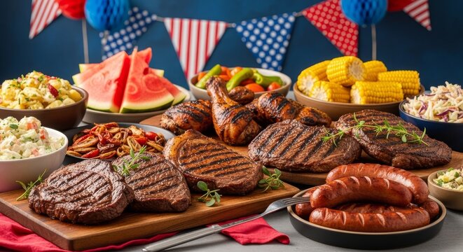 Barbecue buffet spread featuring grilled meats and seasonal sides arranged beneath festive red, white, and blue outdoor decorations, picnic, barbecue, party