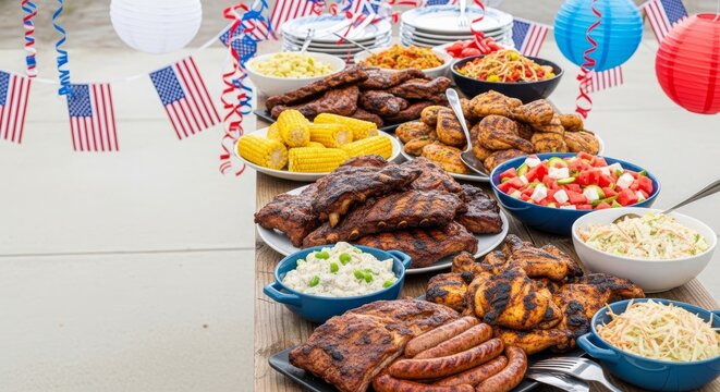 Barbecue buffet spread featuring grilled meats and seasonal sides arranged beneath festive red, white, and blue outdoor decorations, food, barbecue, table