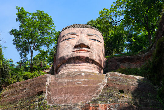 The Leshan Giant Buddha, a monumental stone statue carved out of a cliff face in Sichuan, China