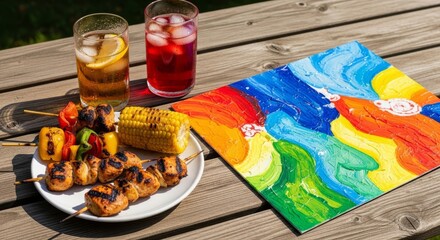 Fototapeta premium Handmade colorful art rests on a rustic wooden table beside grilled food and cold drinks during a sunny outdoor afternoon barbecue lunch, bright, vegetable, grilled