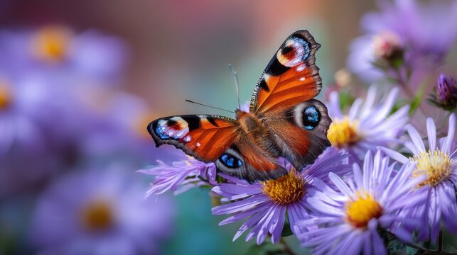 Peacock butterfly (aglais io) resting on purple aster blossom in bavaria, germany, vibrant wildlife macro scene featuring delicate wing patterns, seasonal garden flowers and natural european biodivers