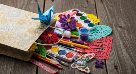 Fototapeta premium Close up view of a decorated paper gift bag overflowing with colorful handmade paper crafts and art supplies on a rustic wooden background, expression, gratitude, occasion