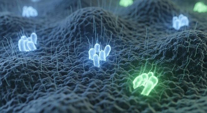 Molecular Surface with Glowing Molecules: A Microscopic View.