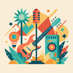 Obraz premium Colorful flat design illustration of music instruments including guitar, microphone, and speaker with geometric shapes and tropical elements