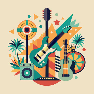 Colorful flat design illustration of musical instruments with tropical elements and geometric shapes