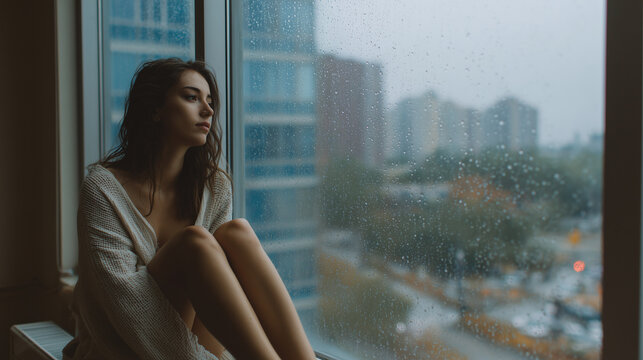 雨粒が伝う大きな窓のそばに一人座る20代女性の孤独と内省を感じる写真
