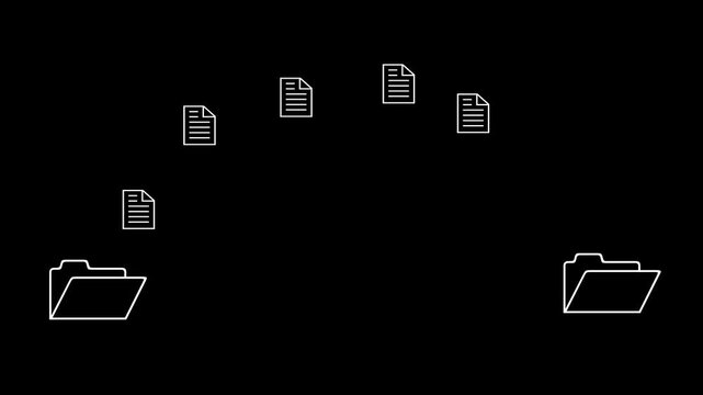 Document icons floating between two open folders display a digital transfer process in a minimalist graphic style that represents file management systems on a clean and simple black background.