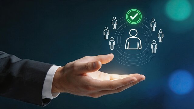 Hand presenting holographic user verification icon with checkmark, identity confirmation, secure access control, authorized personnel management, digital security and