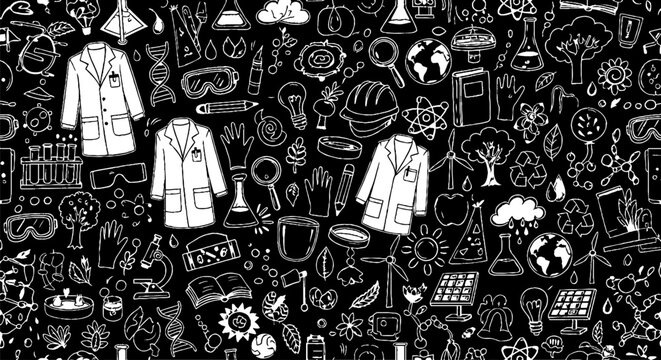 Creative Medical Science Doodle Art with Lab Coats and Icons.