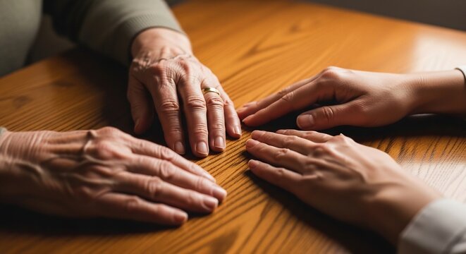 Hands of different generations on wooden table family support and connection.
