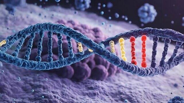 Microscopic view of DNA strand with genetic mutations and viruses.