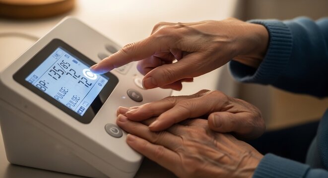 Senior woman using a digital blood pressure monitor at home.
